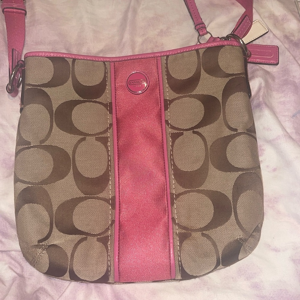 Coach Signature Crossbody Purse Messenger Bag Shoulder TanPink.